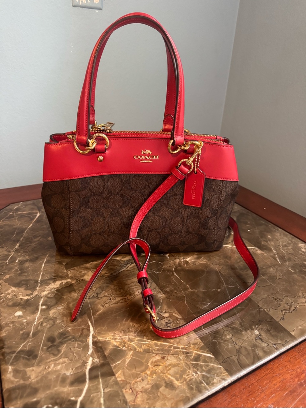 Coach Brown Signature Satchel with Red Trim